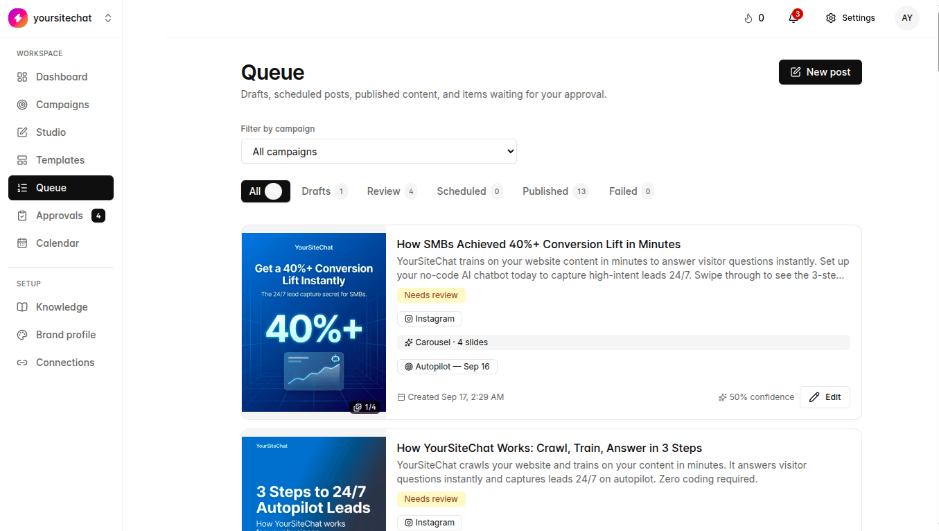 Approval queue with AI-generated post visuals in TheViralMarketing