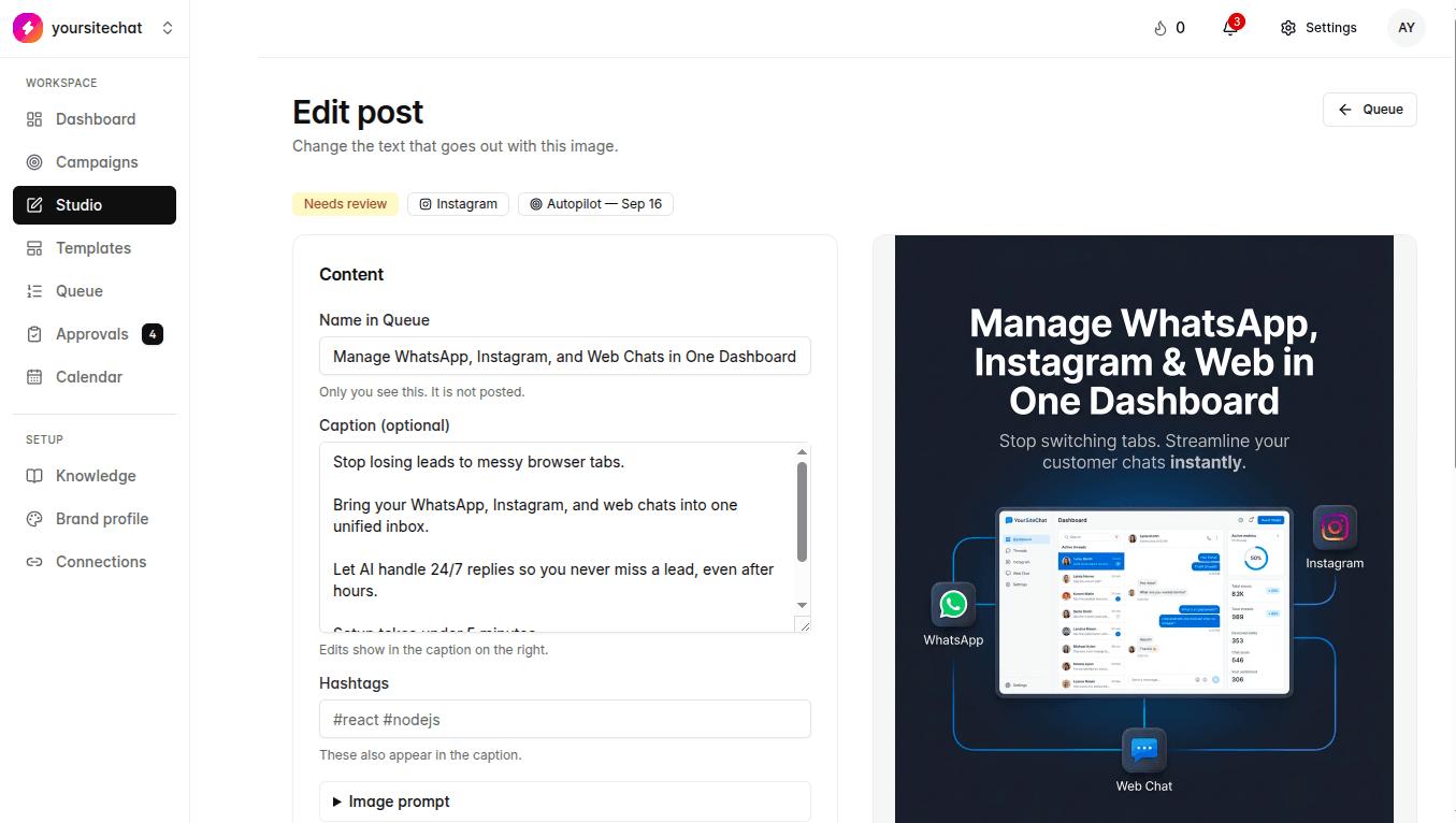 Studio composer with AI captions in TheViralMarketing